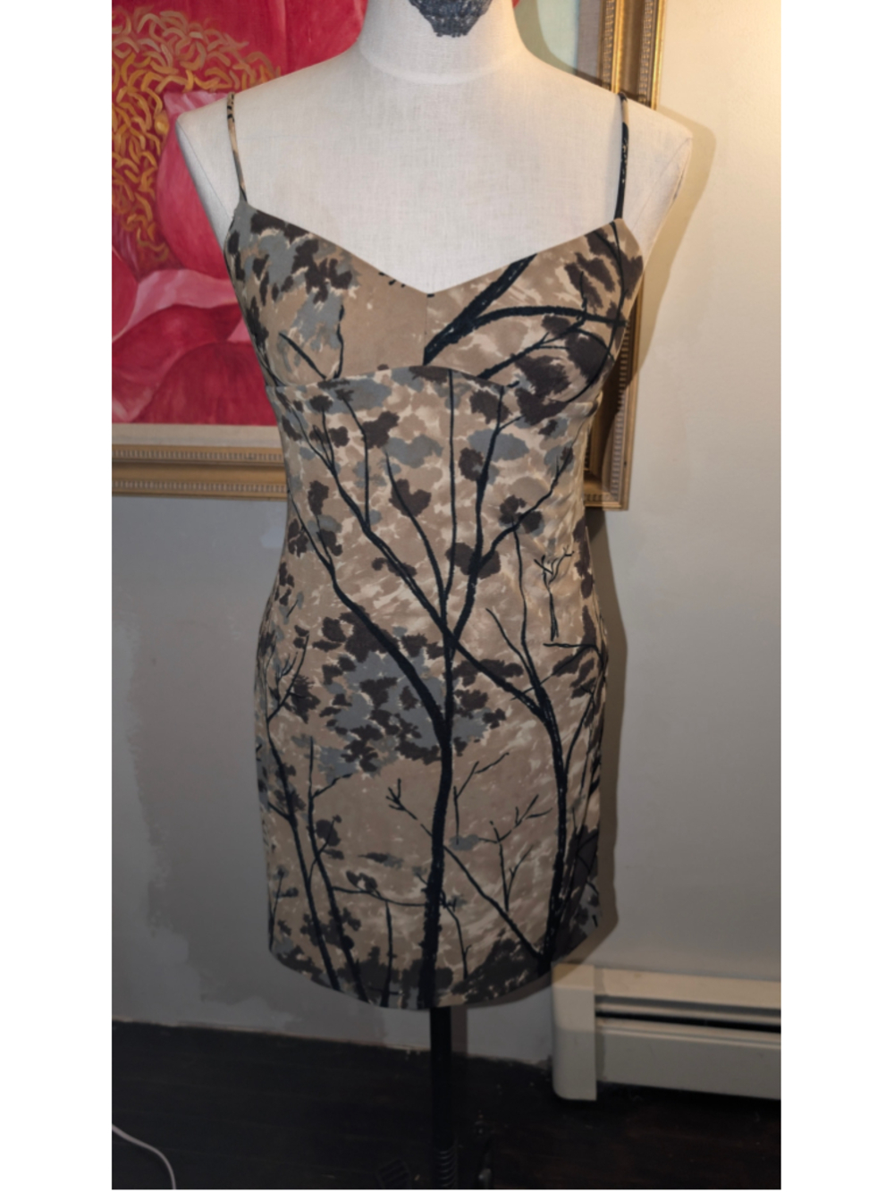 Rare Betsey Johnson Mini Dress vintage 90s Size L Beige Black Tree Print